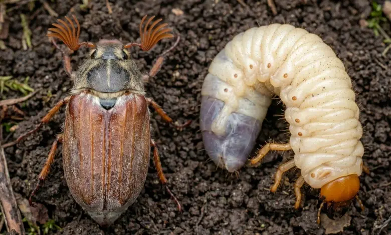 Brouk a jeho larva na zemi, typické pro čeledi babka.